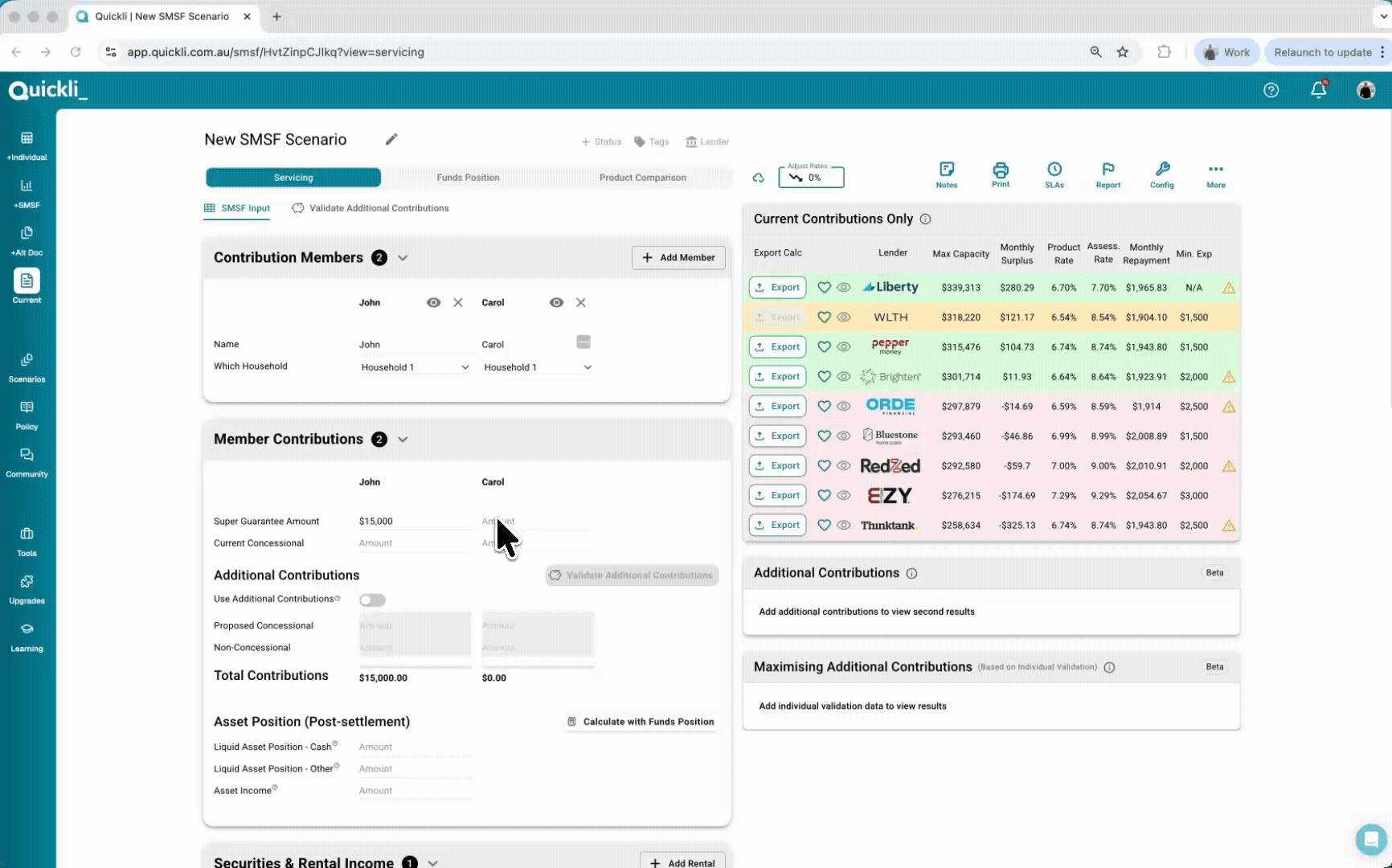 SMSF Serviceability Tool — lender comparison interface